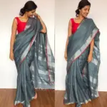 Dark Grey Handwoven Linen Saree - Image 3