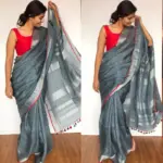 Dark Grey Handwoven Linen Saree - Image 4