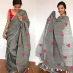 Dark Grey Pure Linen Saree with Handwoven Heart Motifs - Image 3