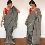 Dark Grey Pure Linen Saree with Handwoven Heart Motifs - Image 4