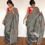 Dark Grey Pure Linen Saree with Handwoven Heart Motifs - Image 2