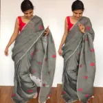 Dark Grey Pure Linen Saree with Handwoven Heart Motifs