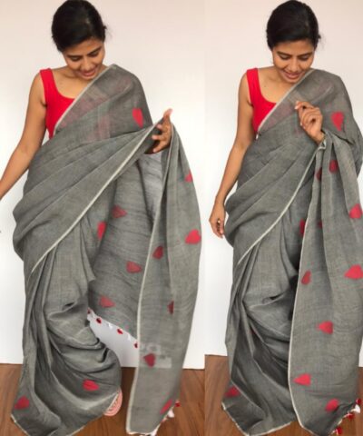 Dark Grey Pure Linen Saree with Handwoven Heart Motifs