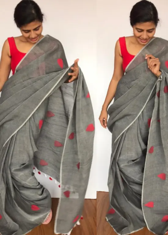 Dark Grey Pure Linen Saree with Handwoven Heart Motifs