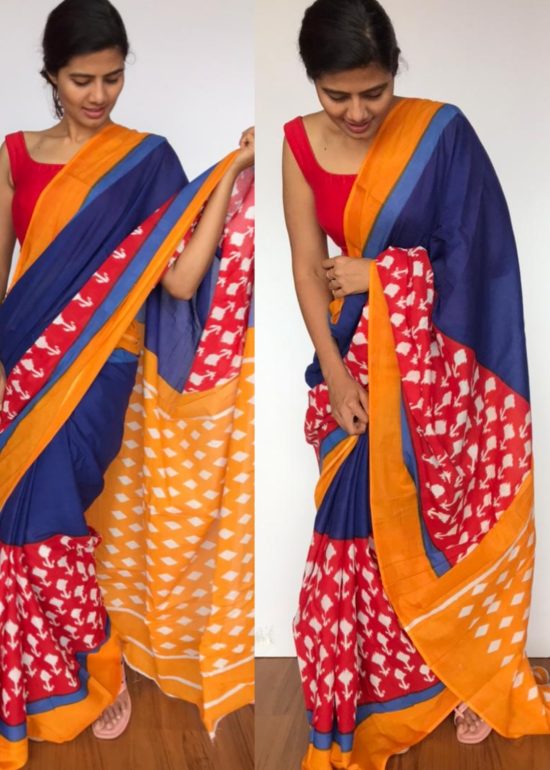 Blue Mul Cotton Saree with Hand Block Prints