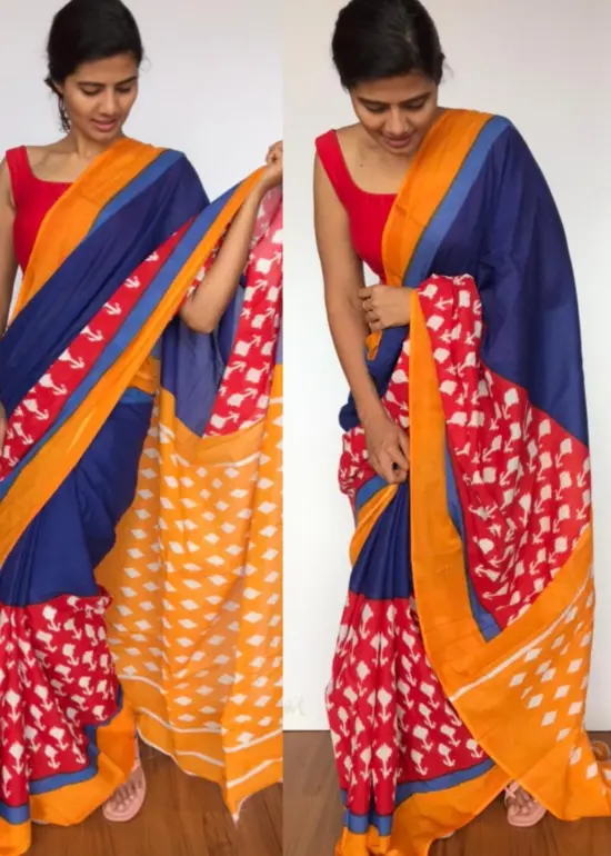 Blue Mul Cotton Saree with Hand Block Prints