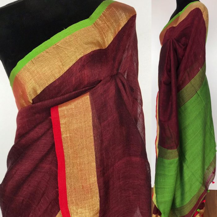 Maroon Linen Saree with green pallu