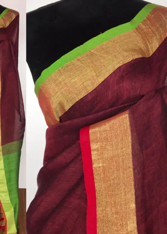 Maroon Linen Saree with green pallu