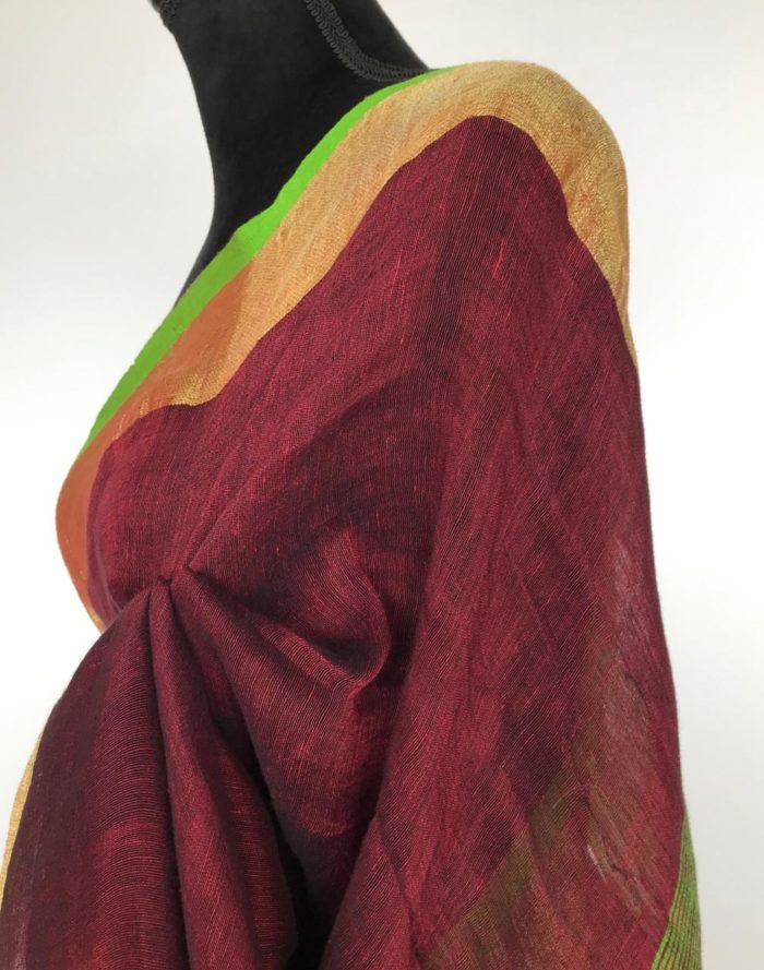 Maroon Linen Saree with green pallu