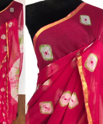 Pink Block Printed Chiffon Saree