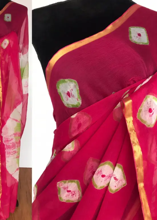 Pink Block Printed Chiffon Saree