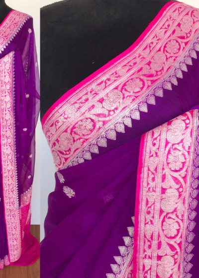 Purple Banarasi Silk Saree in Pure Khaddi Chiffon