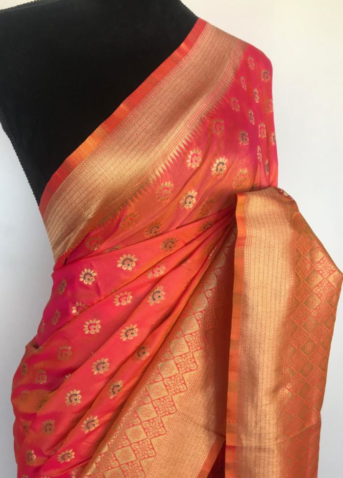 Peach Banarasi Silk Saree with gold zari weaved meenakari buttas