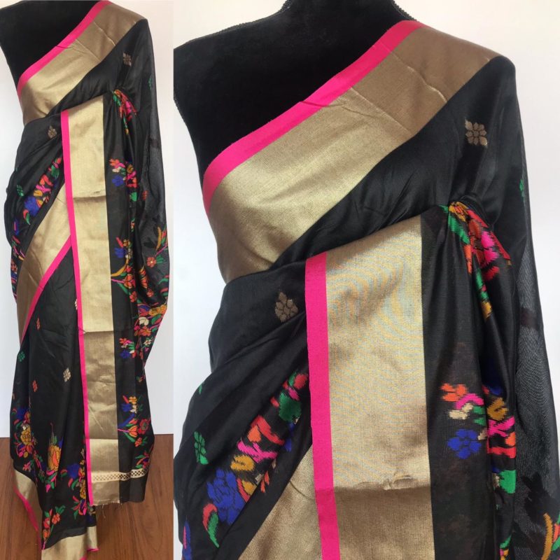Black Cotton Silk Saree with Jamdani Weaves