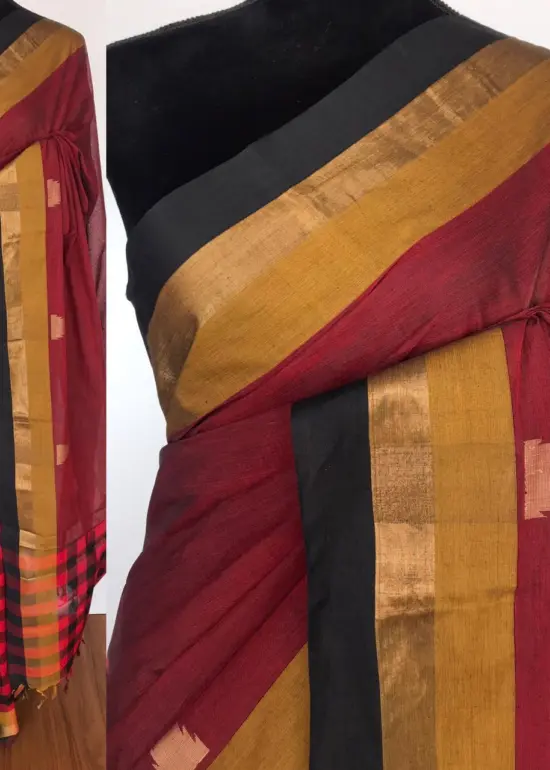 Maroon Negamam Cotton Saree with temple motifs