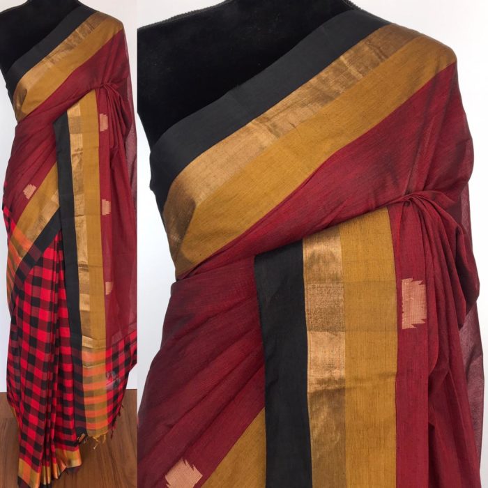 Maroon Negamam Cotton Saree with temple motifs