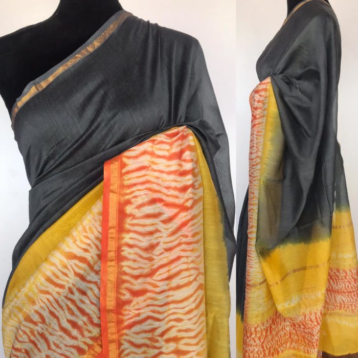 Grey Chanderi Silk Saree with Block Prints