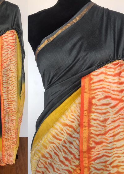 Grey Chanderi Silk Saree with Block Prints
