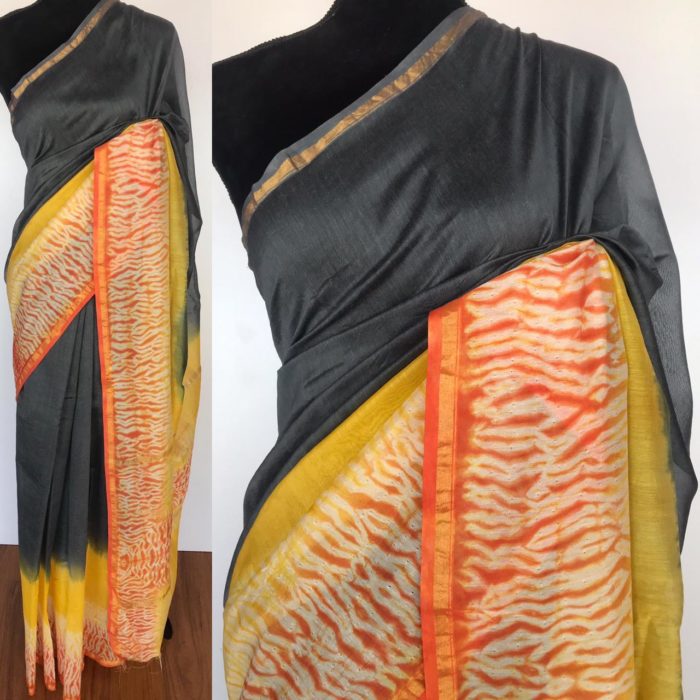 Grey Chanderi Silk Saree with Block Prints