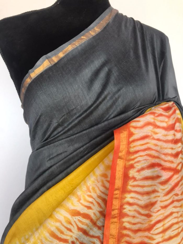 Grey Chanderi Silk Saree with Block Prints