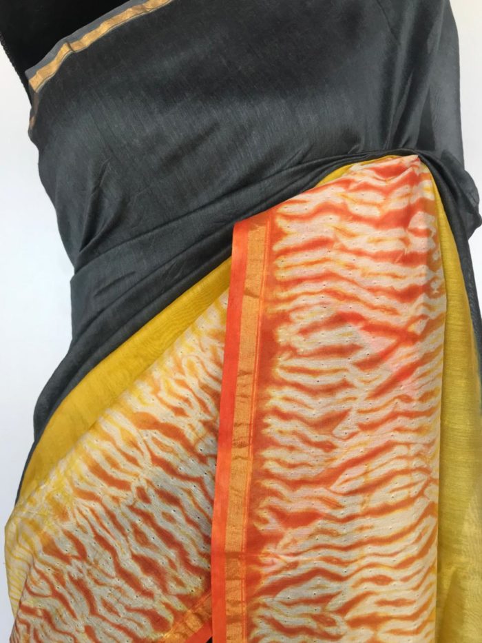 Grey Chanderi Silk Saree with Block Prints