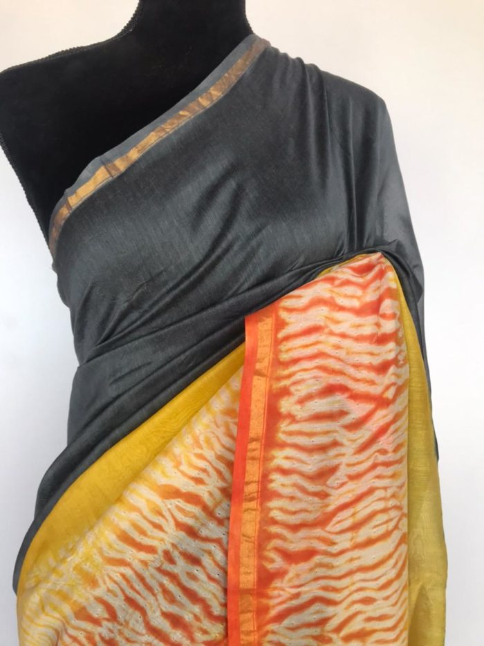 Grey Chanderi Silk Saree with Block Prints