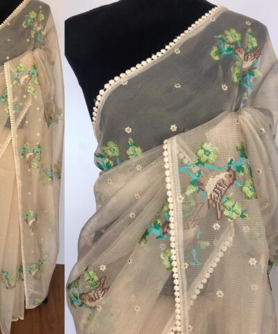 Cream Glass Tissue Silk Saree with Cute Birds Embroidery