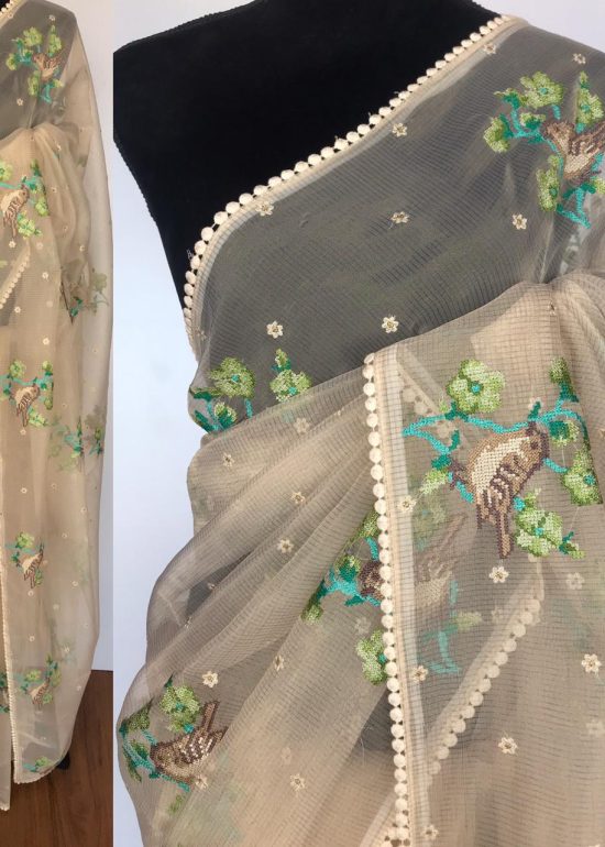 Cream Glass Tissue Silk Saree with Cute Birds Embroidery