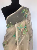 Cream Glass Tissue Silk Saree with Cute Birds Embroidery - Image 3