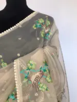 Cream Glass Tissue Silk Saree with Cute Birds Embroidery - Image 4