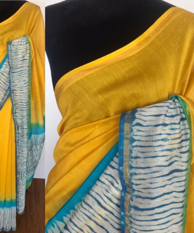 Yellow Chanderi Silk Saree with Shibori Prints