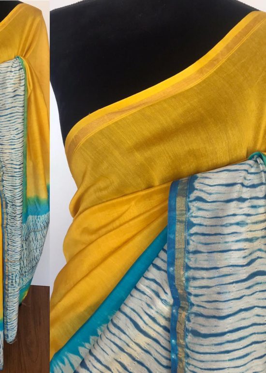Yellow Chanderi Silk Saree with Shibori Prints