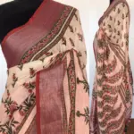 Pale White Handwoven Pure Linen Saree with Floral Prints - Image 2