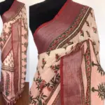Pale White Handwoven Pure Linen Saree with Floral Prints