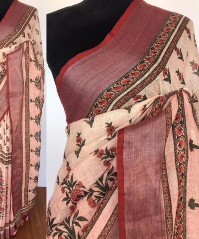 Pale White Handwoven Pure Linen Saree with Floral Prints