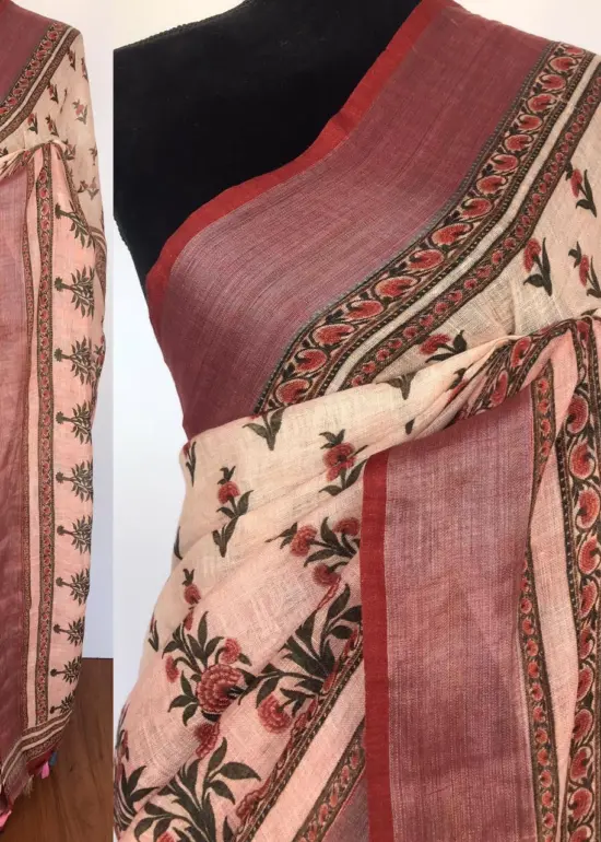 Pale White Handwoven Pure Linen Saree with Floral Prints