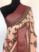 Pale White Handwoven Pure Linen Saree with Floral Prints - Image 3