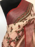 Pale White Handwoven Pure Linen Saree with Floral Prints - Image 4