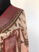 Pale White Handwoven Pure Linen Saree with Floral Prints - Image 5