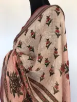 Pale White Handwoven Pure Linen Saree with Floral Prints - Image 6