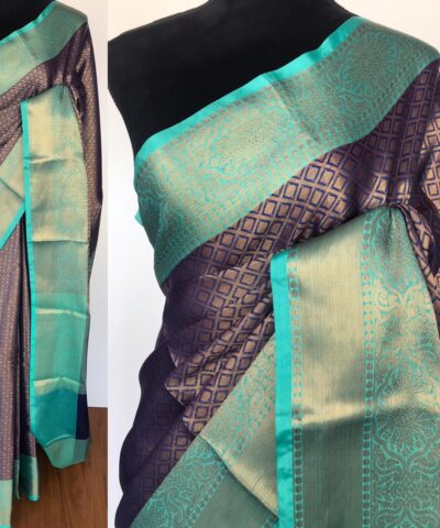 Dark Blue Kora Silk Saree with Gold Zari Weaves