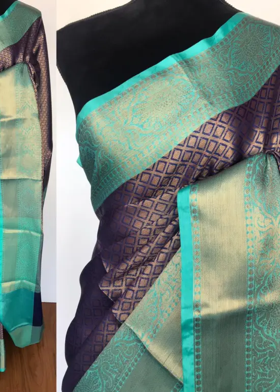 Dark Blue Kora Silk Saree with Gold Zari Weaves