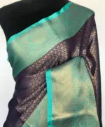 Dark Blue Kora Silk Saree with Gold Zari Weaves - Image 3