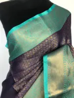 Dark Blue Kora Silk Saree with Gold Zari Weaves - Image 4
