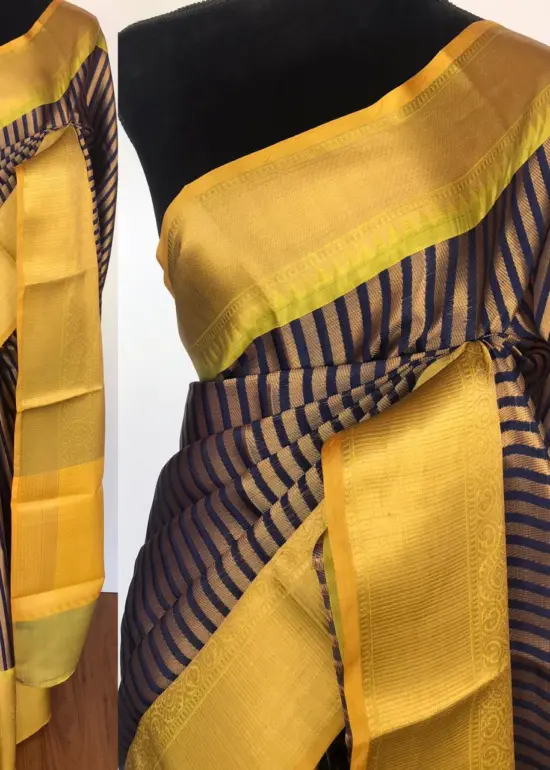 Navyblue Kora Silk Saree with Gold Zari Weaves