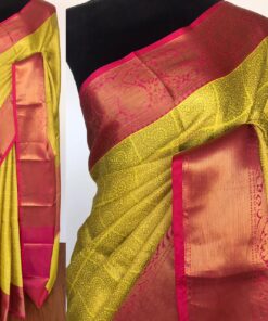 Neon Green Kora Silk Saree with Gold Zari Weaves