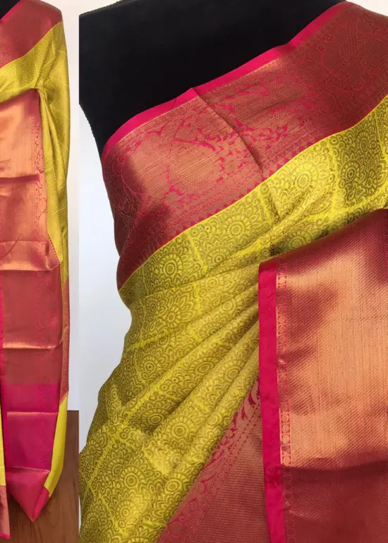 Neon Green Kora Silk Saree with Gold Zari Weaves