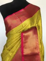 Neon Green Kora Silk Saree with Gold Zari Weaves - Image 3