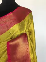 Neon Green Kora Silk Saree with Gold Zari Weaves - Image 4