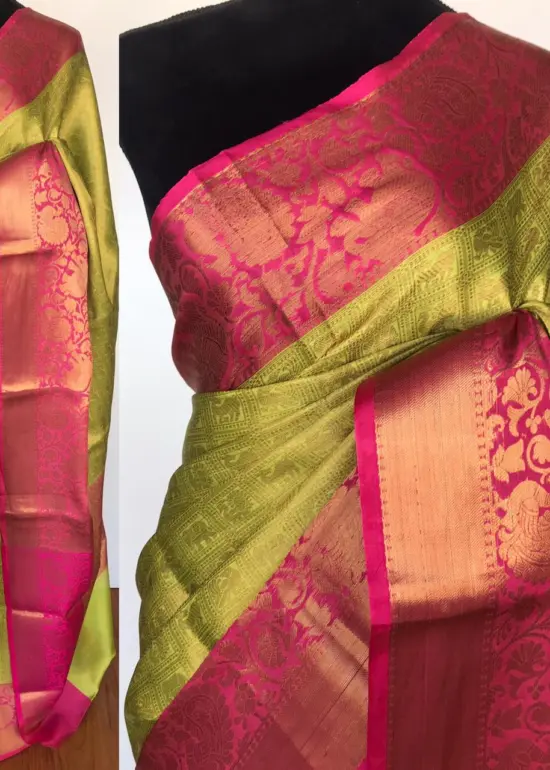 Neon Green Kora Silk Saree with Gold Zari Weaves
